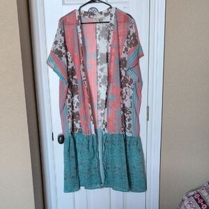 Boho Mixed-Print Open Kimono Cardigan in Coral & Teal